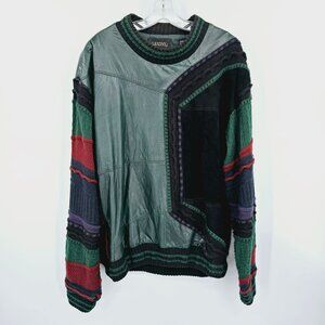 Saxony Collection VTG 80s Cosby Sweater XL Colorblock Leather Suede HipHop 90s